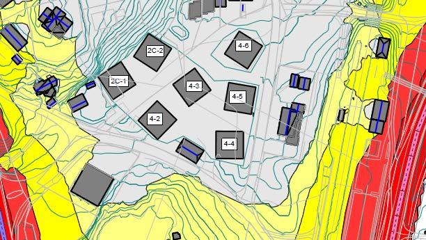 Figur 6 - Støysonekart ved 4 m høyde, veitrafikkstøy. 4.2 Støynivå på utendørs oppholdsareal Støynivåer på uteoppholdsareal er vist i 1.