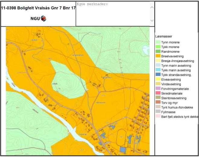 5.7 Landskap/topografi/grunnforhold/naturtype Grunnforhold: NGUs løsmassekart viser at grunnen i området består av tynn morene og breelavsetning (se figur 24).