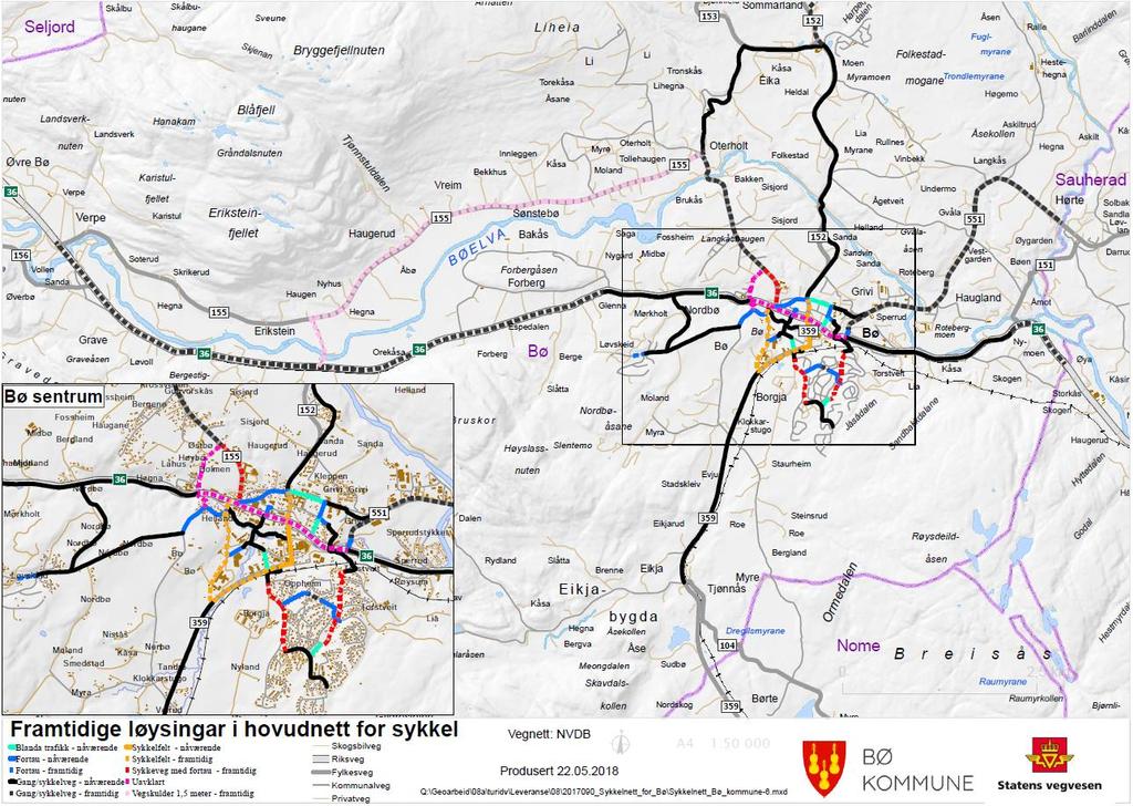 Figur 11 - Framtidige løysingar i hovudnett for sykkel i Bø kommune. 4.