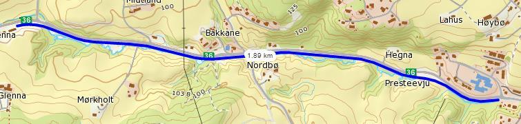4.2.3.2 RV 36 Seljordvegen Langs Seljordvegen frå Frivoll ved Bø ungdomsskule og fram til avkøyring til Forbergvegen ved Glenna. Strekninga er om lag 1,9 km lang.