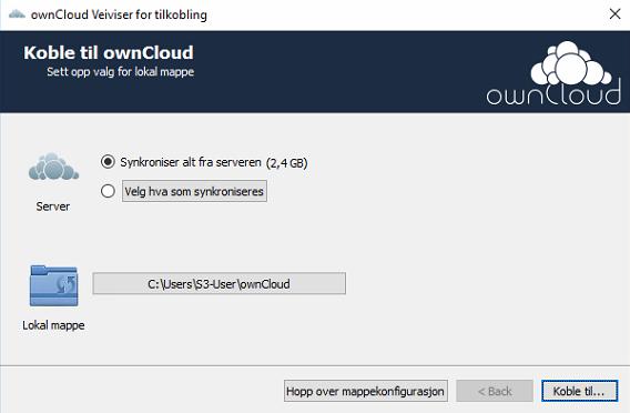 Windows klient-programvare installasjon. I siste steget velger du hva du ønsker å synkronisere med sky-tjenesten.