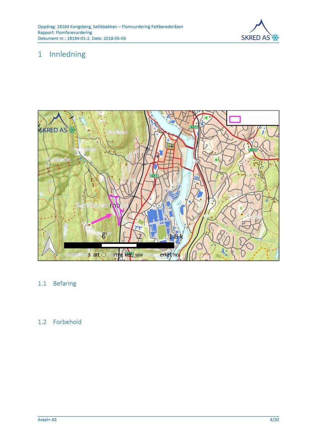 1 Innledning Sellikbekken renner langs den østre grensen av området til Detaljreguleringsplan for 486R Feltberederåsen i Kongsberg kommune og utgjør en potensiell flomfare.