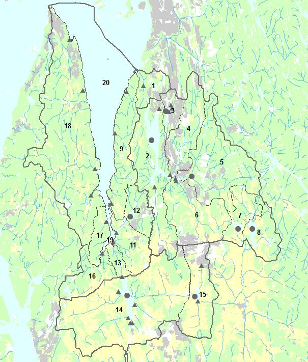 Figur 4. Prøvetakingsstasjoner i vannområde PURA. Inndeling i vassdragene Gjersjøvassdraget, Årungenvassdraget og Bunnefjorden, og inndeling i tiltaksområder.