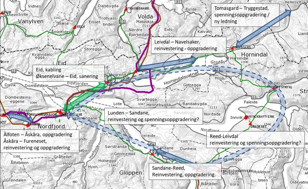 4.6 Nettutvikling Midtre / Indre Nordfjord Figur 26 Nettskisse, Midtre/Indre Nordfjord Området vist i Figur 27 har behov for å få fornya og forsterka eldre regionalnettleidningar, både ut frå teknisk