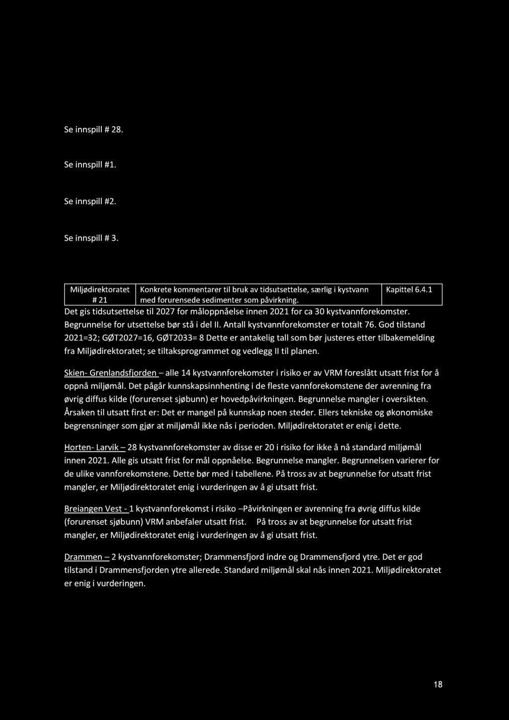 5.2.6 Langtransportert forurensning avbøtende tiltak Se innspill # 2 8. 6.1 God økologisk og kjemisk tilstand Se innspill #1. 6.2. Strengere miljømål enn vannforskriften og beskyttede områder Se innspill #2.