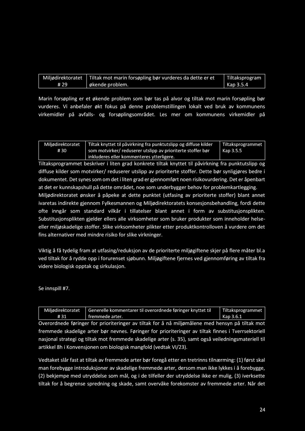 3. 5.4 Forsøpling # 29 Tiltak mot marin forsøpling bør vurderes da dette er et økende problem. Tiltaksprogram Kap 3. 5.4 Marin forsøpling er et økende problem som bør tas på alvor og tiltak mot marin forsøpling bør vurderes.