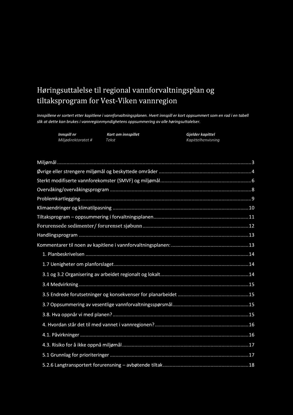 Høringsuttalelse til regional vannforvaltningsplan og tiltaksprogram for Vest - Viken vannregion Innspillene er sortert etter kapitlene i vannforvaltningsplanen.