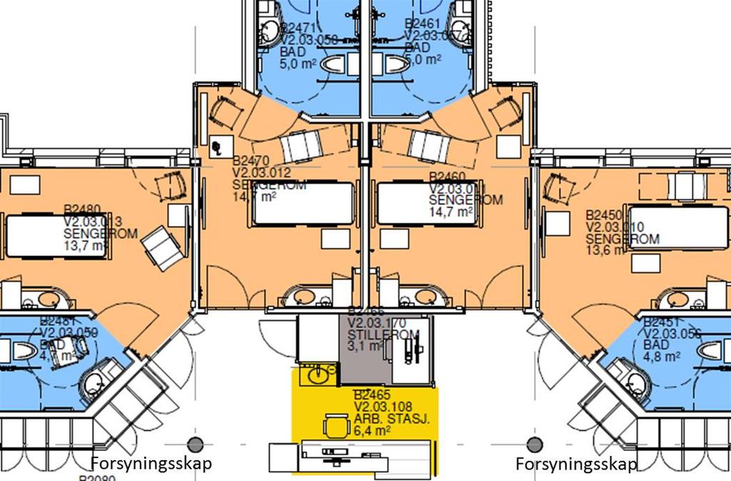 Evaluering av Nordlandssykehuset Vesterålen Side 20 Figur 4.2 Utsnitt av sengetun med arbeidsstasjon, enerom, bad og forsyningsskap 24 Tabell 4.