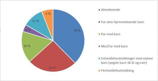 Levekår Husholdningssammensetning 38 % av antall husholdninger består av aleneboende, mens 25 % er par uten barn og 16 % er par med barn. 4 % er enslig mor eller far med barn.