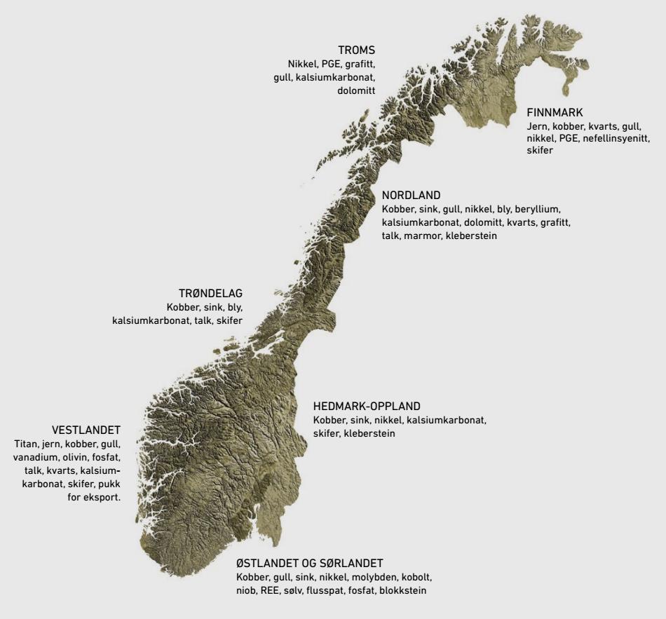 Figur 5. Fastlands-Norge har en variert geologi med muligheter for funn av nye mineralforekomster. Hver landsdel har sine spesialiteter (Kilde: NGU [6] ) 1.