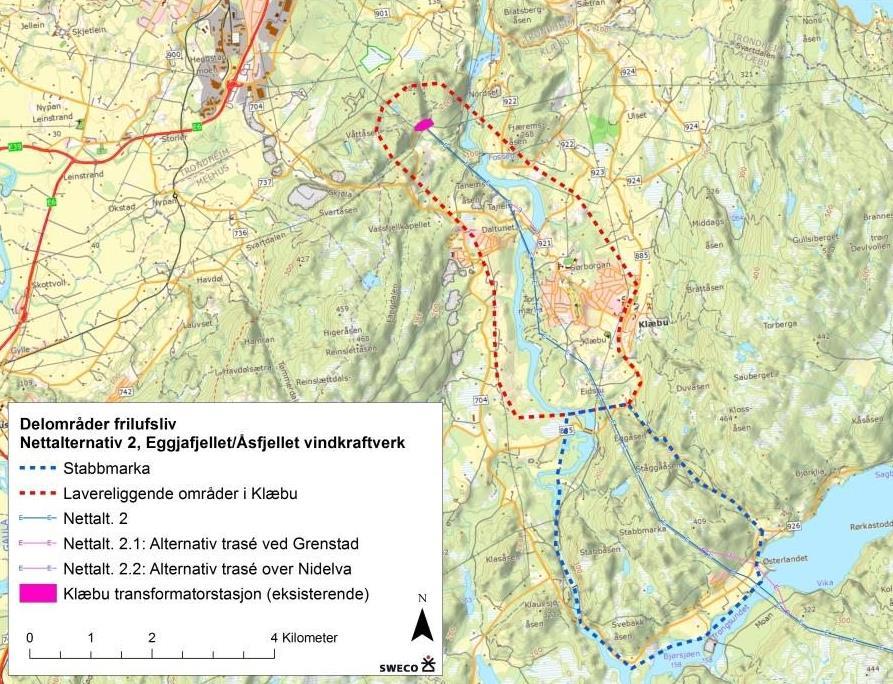 Figur 7-11. Delområder i Klæbu for friluftsliv i forbindelse med nettalternativ 2. Kart: Sweco. Langs Nidelva nord for Svean kraftstasjon ligger Svean friluftsområde.