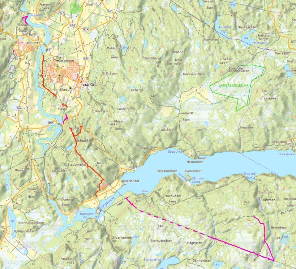 Figur 8-2. Kart med sporlogg fra befaringer for naturmangfold langs nettilknytning (alt. 2) i Klæbu kommune (rosa strek: 28.