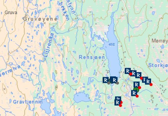 1 - Tjærebrenningsanlegg og to funnsteder ved Rensjøen Det er registrert 10 automatisk fredete tjærebrenningsanlegg sør for Rensjøen (Figur 6-4).