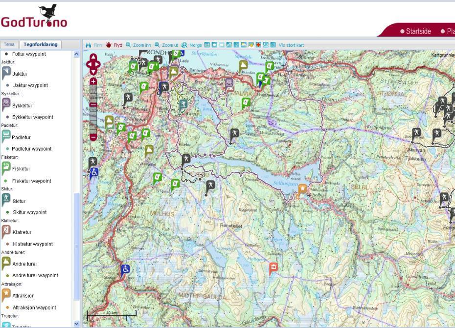Figur 7-2. Oversikt over registrerte friluftslivstilbud og -aktiviteter i omlandet rundt Selbusjøen. Eggjafjellet er antydet med stiplet sirkel. Kilde: www.godtur.no.