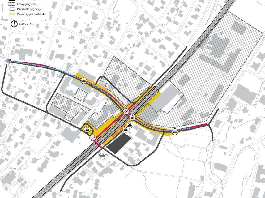 Stasjonslokalisering i Stokke Stasjonsområdet: Frederik Stangs gate krysser under sporene. Dobbeltsporet utredes omtrent på samme høyde som i dag.