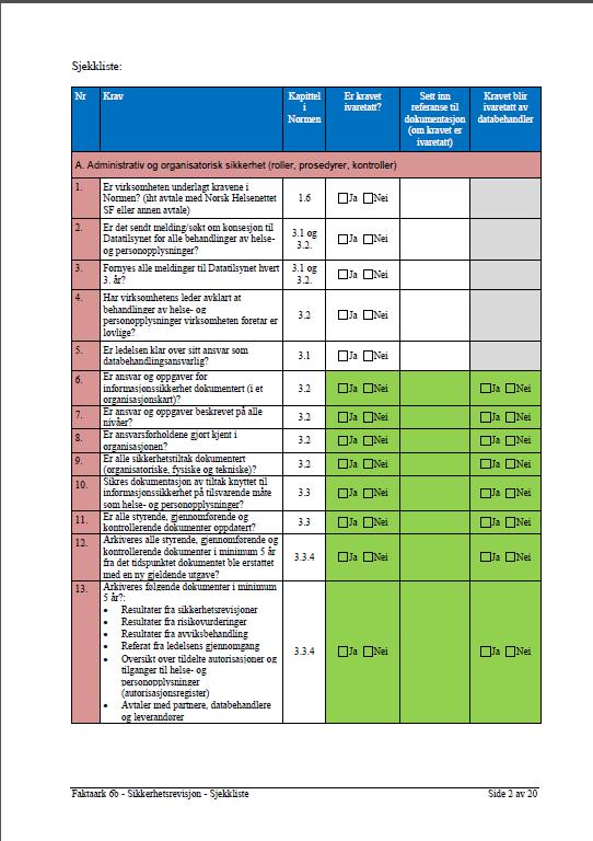 Faktaark 6b - Sjekkliste for å ivareta kravene i Normen 208 krav med referanse til Normen Tematisk inndeling Administrativ og organisatorisk