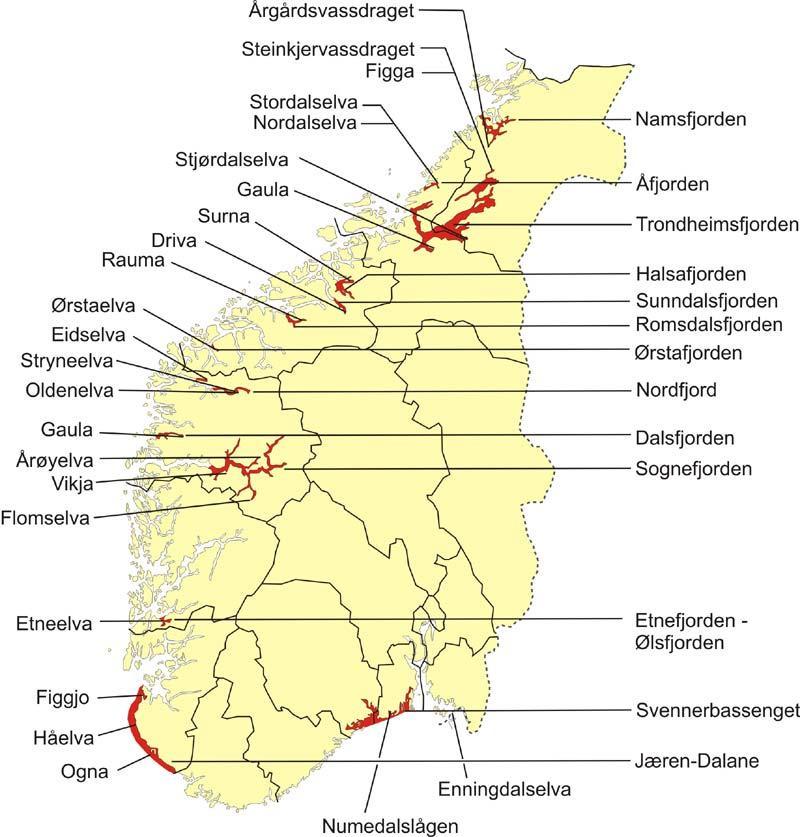Lokalisering og forvaltningsstatus Fig. 4. Oversikt over nasjonale laksevassdrag og laksefjorder i Sør-Norge. Driva er markert.
