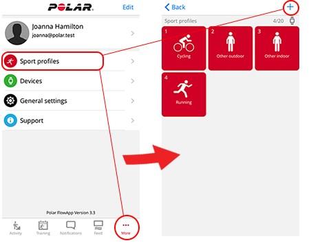 I Polar Flow nettjeneste: 1. Klikk på navnet/profilbildet ditt øverst til høyre. 2. Velg Sportsprofiler. 3. Klikk på Legg til sportsprofil, og velg sportsaktiviteten fra listen. 4.