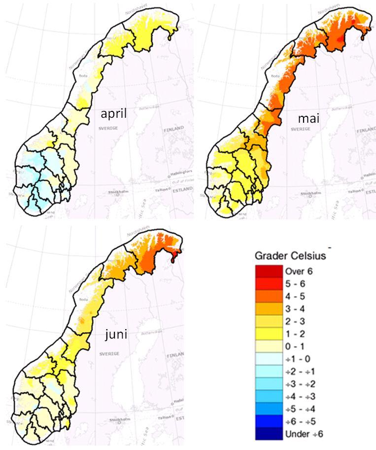 1.1.3 Temperatur I april var månadsmiddeltemperaturane litt høgare enn normalt i Nord-Noreg og litt lågare i fjellområda i Sør-Noreg.