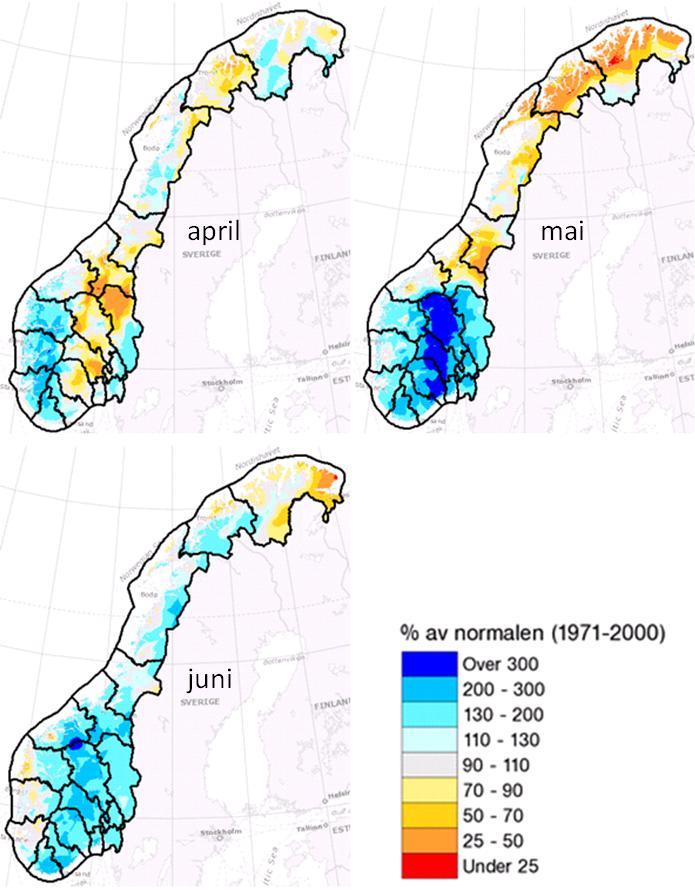 1.1.4 Nedbør I Noreg kom det meir nedbør enn normalt andre kvartal 213. Mykje av nedbøren kom i Sør-Noreg i mai og juni, der det forårsaka flaum i fleire av dei store vassdraga.