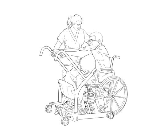 Slik bruker du Sara Stedy Slik forflytter du pasienten til en rullestol Sørg for å sette på bremsene på rullestolen. Hjelp eller oppmuntre pasienten til å komme opp i sittende stilling.