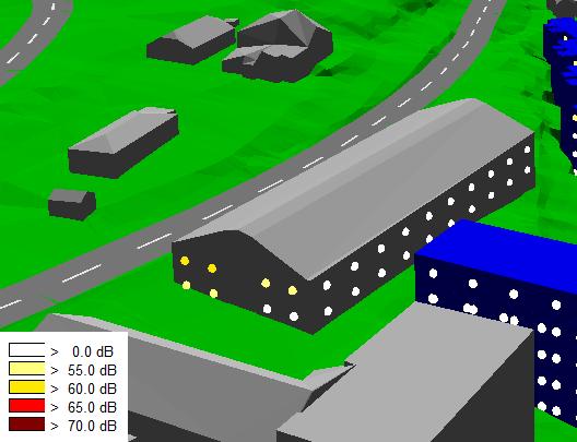 18 Figur 4-6: Støysituasjonen oppover etasjene på eksisterende industribygg. Utsnitt fra støyberegningsprogrammet Cadna A. Viser fasadenivåer LDEN. Sett fra nord. 4.1.1 Stille side Med stille side menes en side hvor støynivået er under L DEN 55 db.