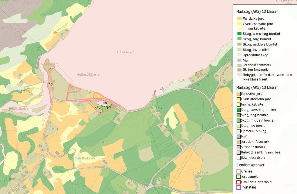 Figur 7. Kartutsnitt fra databasen "Gårdskart" som viser arealfordeling for bonitet for planområdet.