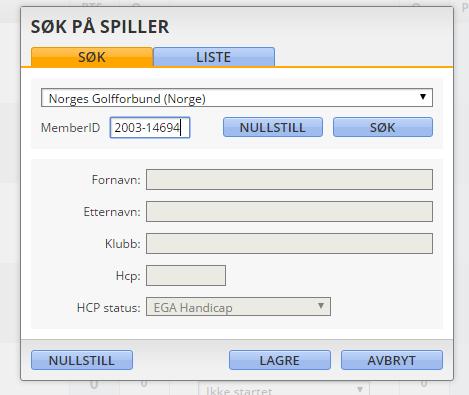 Her taster du inn medlemsnummer 2003-14694 (NSG-medlemsnummer), deretter <Søk> og så <Lagre>.