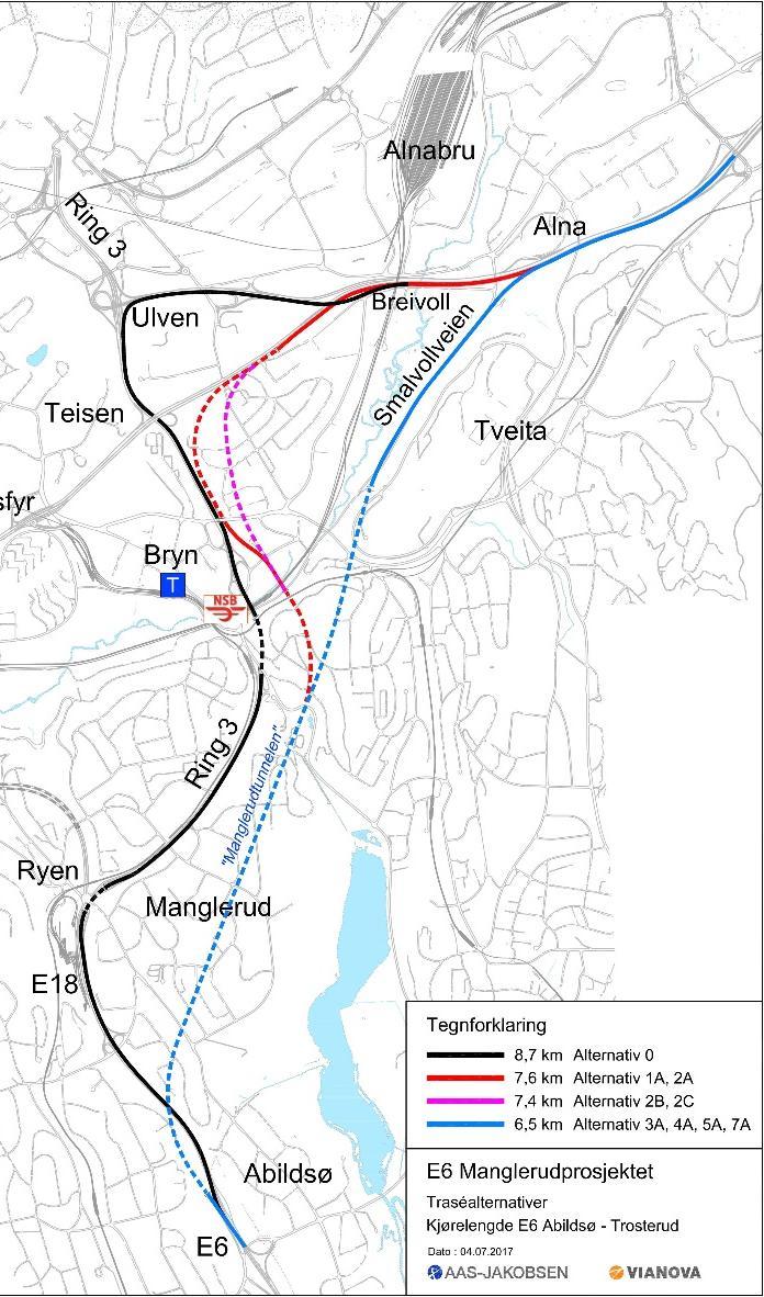 E6 Manglerudprosjektet To hovedgrep for ny E6-tunnel: Den som er vist i planprogrammet og som kommer opp i Strømsveien (Ca.