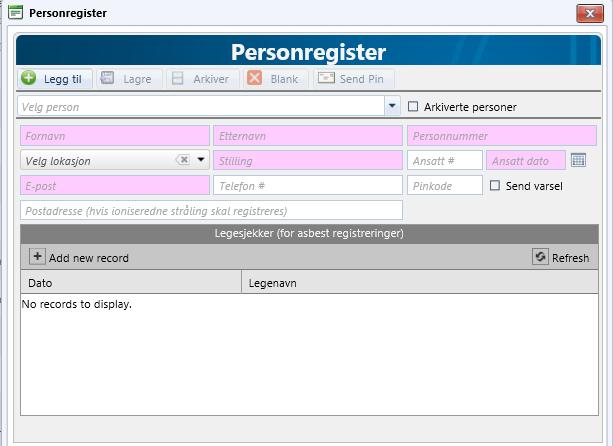 Personregister Her registreres alle personer i bedriften som skal eksponerings registreres. Personnummer sammen med en pin-kode benyttes for å identifisere personer.