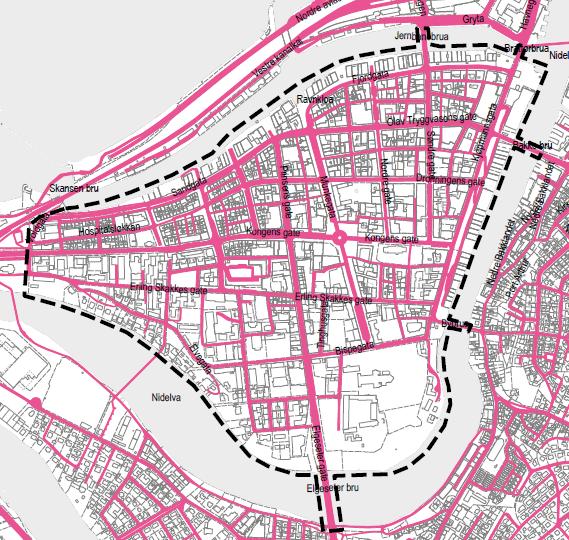 Dagens situasjon og viktige utfordringer Geografisk avgrensning av planområdet Planområdet for gatebruksplanen avgrenses av Voldgata i vest, Elgeseter bru i sør, Gamle bybro og Bakke bru i øst og