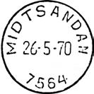 Postkontoret 7564 MIDTSANDAN ble lagt ned fra 01.02.1986. Stempel nr. 1 Type: P Utsendt mars 1935 MIDTSANDAN Innsendt?