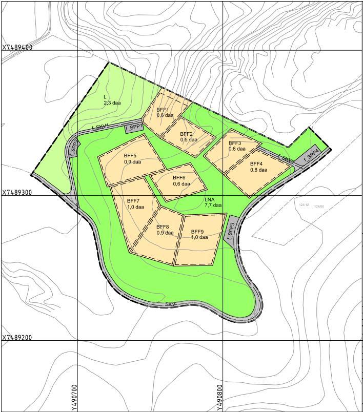 6. Beskrivelse av planforslaget Planlagt arealbruk Planområdet skilles ut fra gnr. 124, bnr. 90 og legges ut til 9 tomter for fritidsbebyggelse.