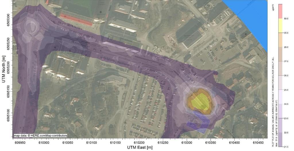 SIDE 15 Åsgård Nord Figur 15: Framskrevet situasjon 2030 for 1-alternativet, som viser utbredelsen av gul sone for svevestøv (PM 10), 8.høyeste døgnmiddel. 4.