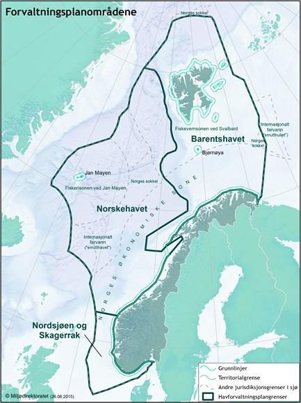 Figur 1 Forvaltningsplanområdene Nordsjøen, Norskehavet og Barentshavet Det å vurdere resultater av RNNP og RNNP-AU sammen er ment å fremme en mer helhetlig tilnærming til forebygging av ulykker og