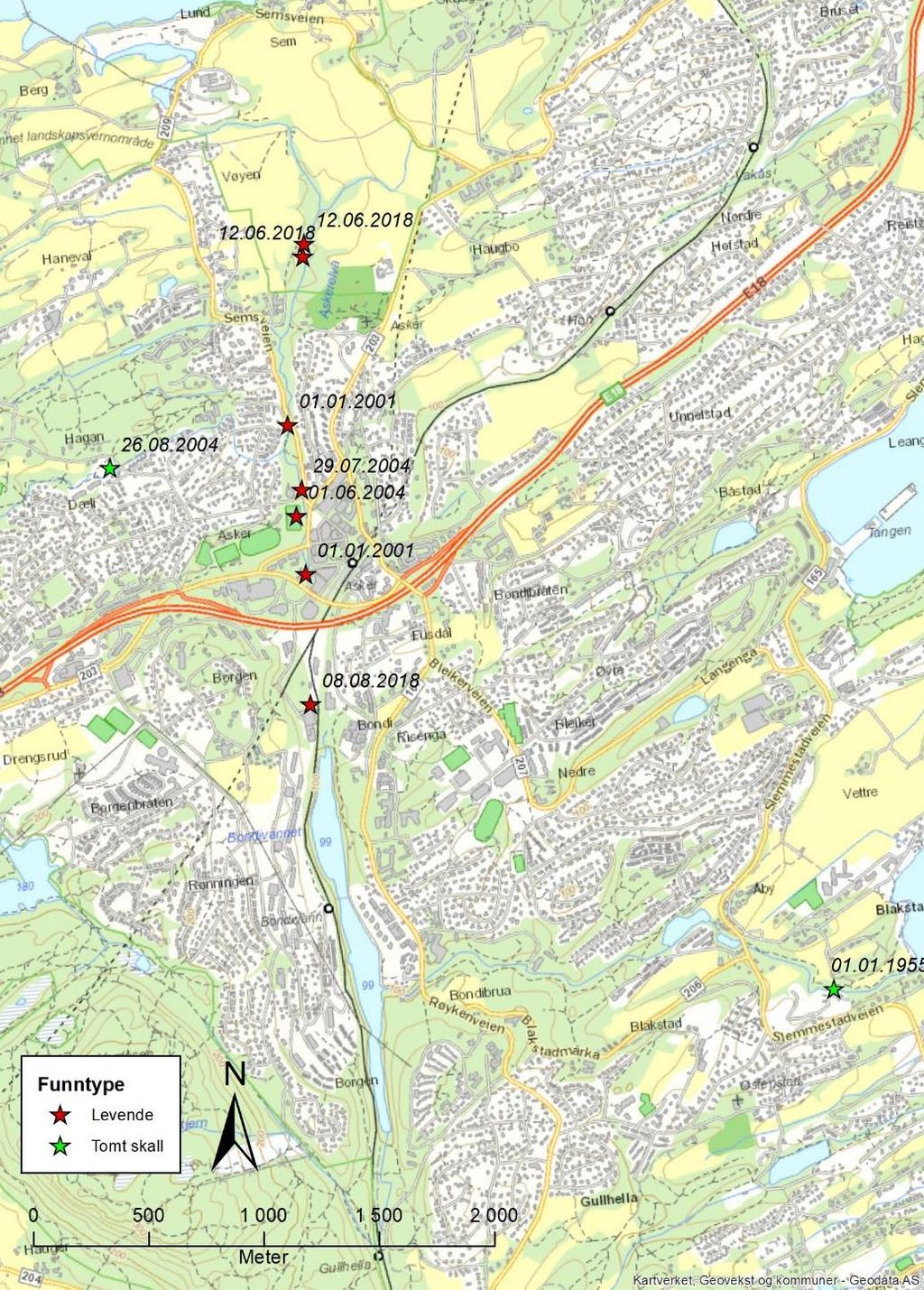 Resultater Figur 2: Oversikt over registrerte forekomster av elvemusling i Artskart og Artsobservasjoner pr. 20.11.2018. Figur 2 viser alle registreringer av elvemusling som ligger inne i Artskart pr.