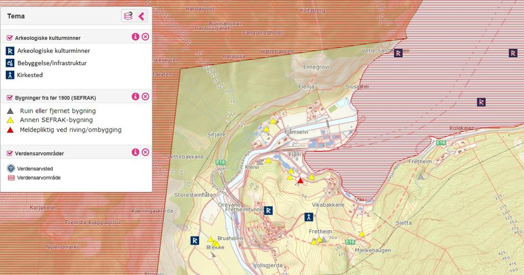 Figur 3.9: Kartet syner kulturminne, SEFRAK-bygg og Nærøyfjorden verdsarvområde.