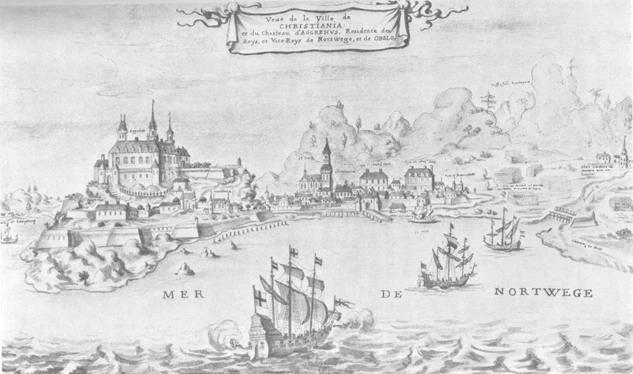 145 Fig. 1. Et delvis fantasifullt fransk prospekt av Christiania fra 1685. Fremst ser vi skipene på vei til bordtomtene på Grønland til høyre, der ser vi stabler med trelast som venter.