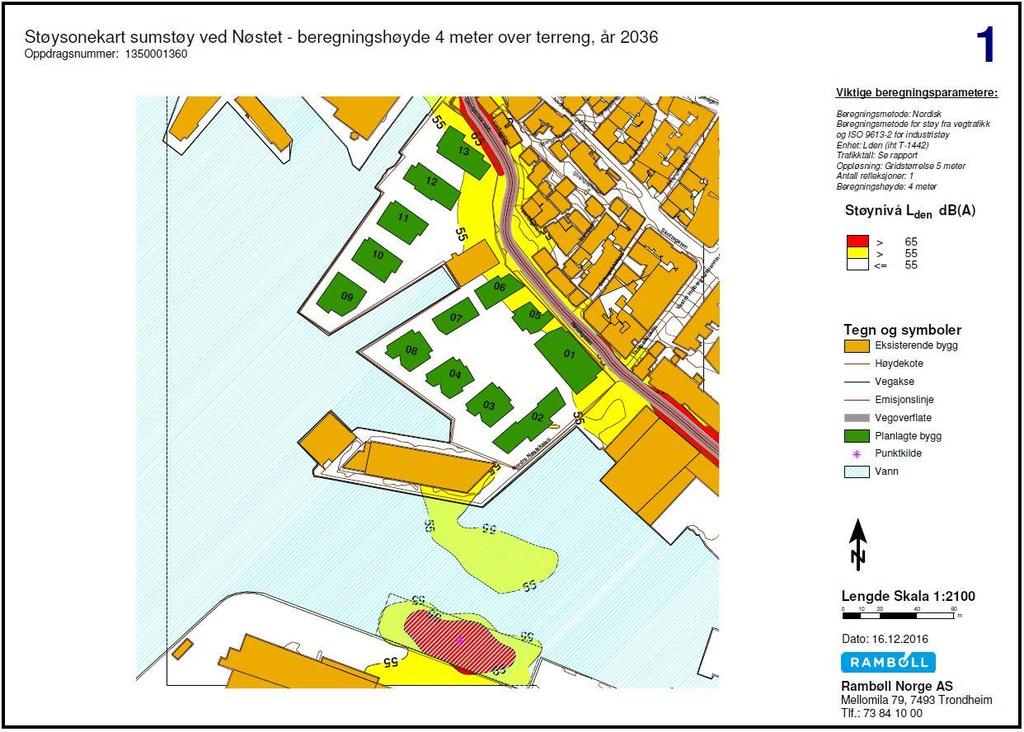 5. RESULTATER Resultatene er presentert i form av støysonekart med rød, gul og hvit sone. Grenseverdiene for fargeinndelingen er i henhold til T-1442.