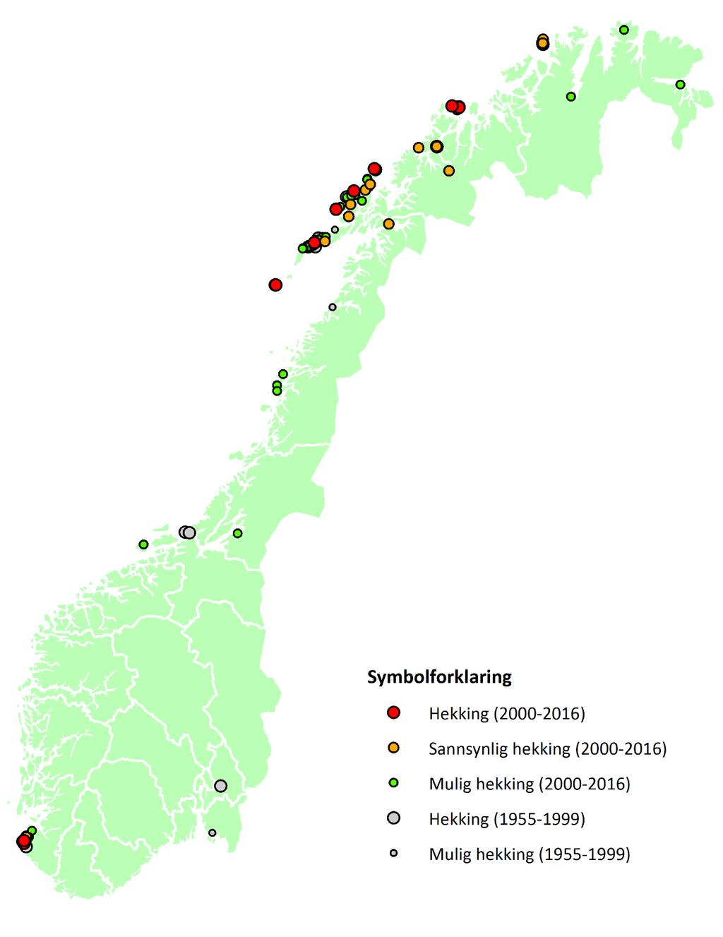 Figur 3. Sikre, sannsynlige og mulige hekkefunn av svarthalespove i Norge siden første hekkefunn i 1955.