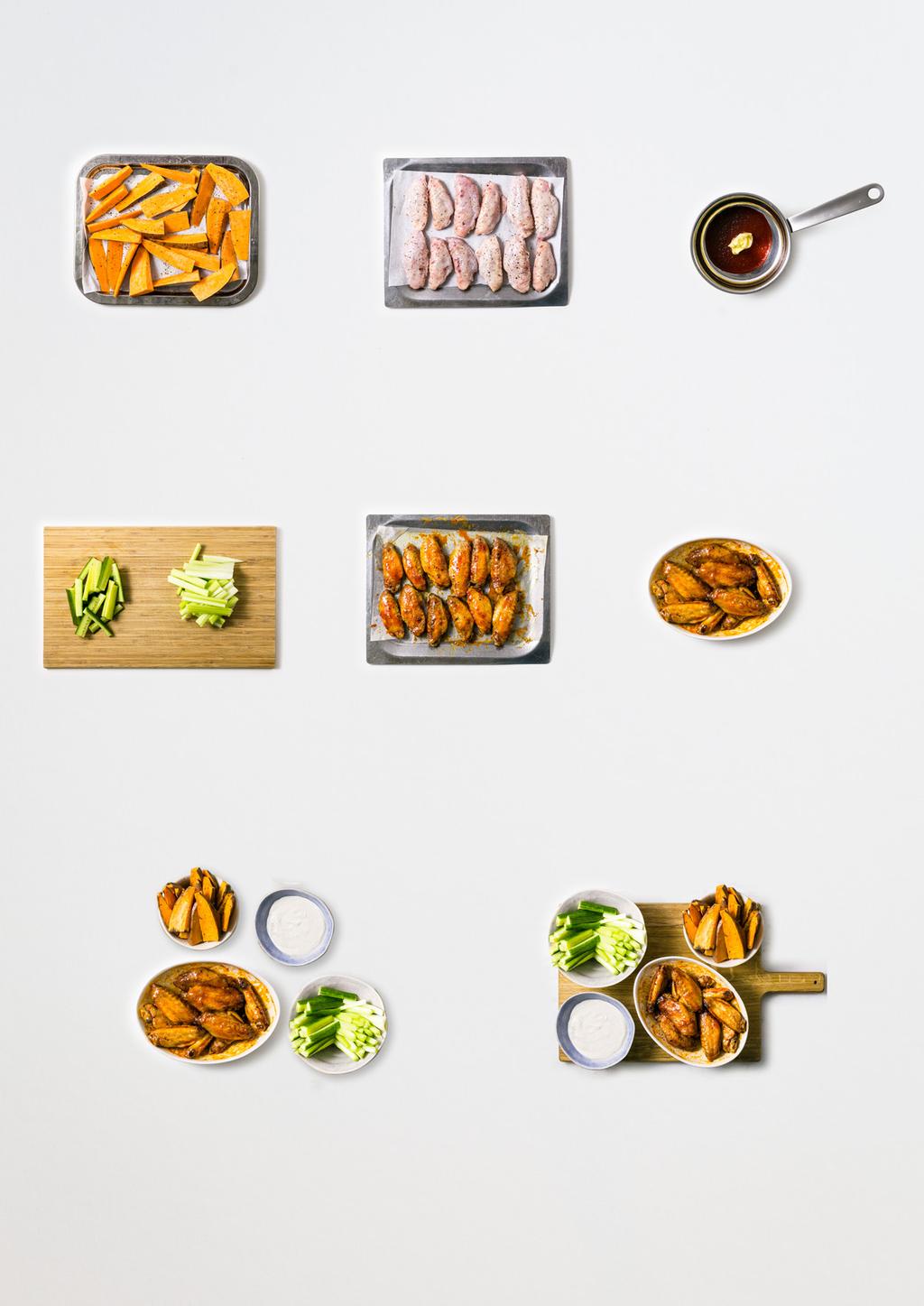 Buffalo-style chicken wings * Hot chili sauce, baked sweet potato and blue cheese dressing Be sure to check Kokkelørens clever tips and tricks on the back before you get started 1 - Find a cutting