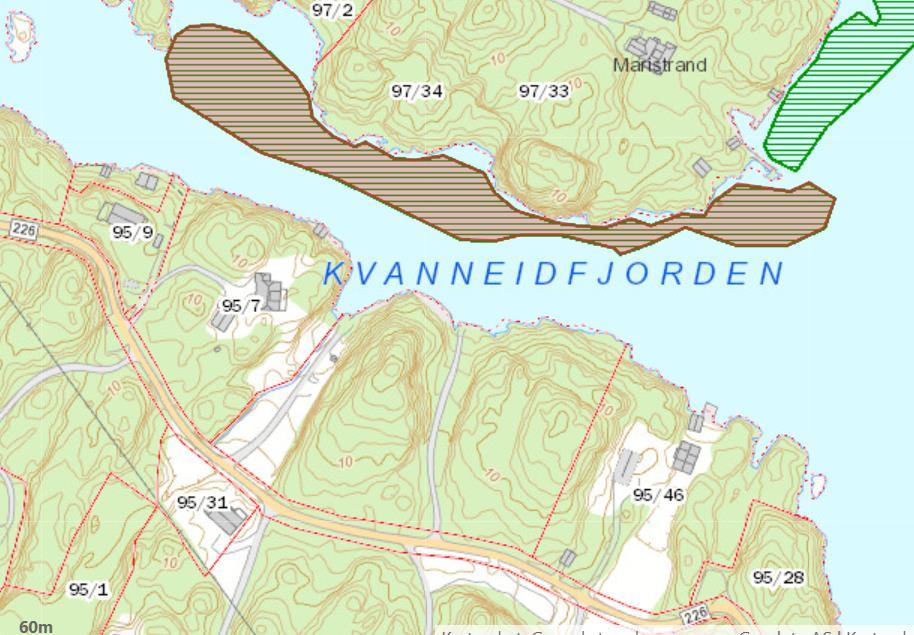 Kart 3 Det er registrert et viktig ålegrassamfunn (naturtype) i ytterkant av reguleringsplanen Grosøya.