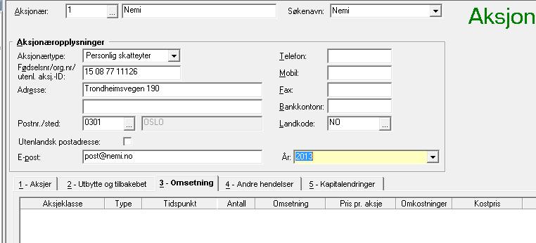 Punkt 1: Opprette aksjonærer: Punkt 2: Opprett aksjeklasser: Programmet vil automatisk foreslå