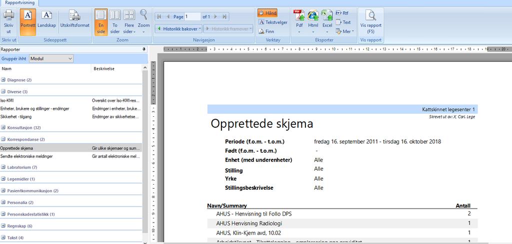 I menylinjen i Min hovedmeny, klikk på Rapporter. 2. Vinduet Rapporteråpner seg. Gå ned til kategorien Korrespondanseog klikk på + tegnet. 3. Velg Opprettedeskjema.