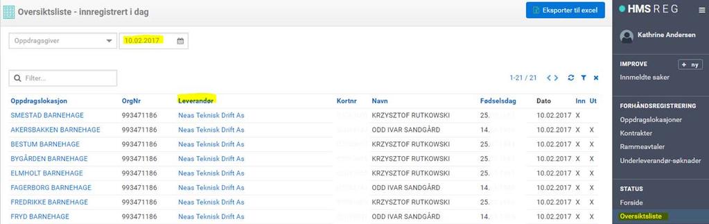 På oversiktslisten Dersom det er interessant med en oversikt over mannskap som har vært til stede for en enkelt leverandør gjennom en bestemt dag kan også Oversiktslisten benyttes. 1.