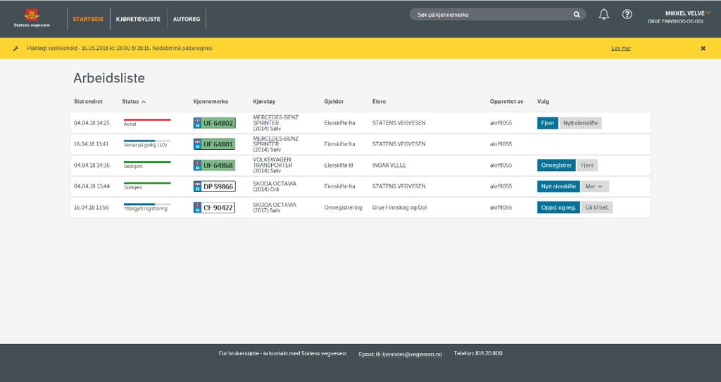 4. Oppslagsbilder 4.1. Arbeidsliste (startside) Arbeidslista finner du som startside, eller ved å trykke på logoen til Statens vegvesen øverst i venstre hjørne.