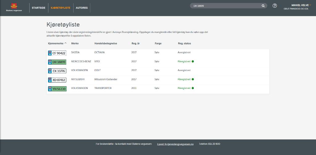 4.2. Kjøretøyliste Kjøretøylista viser kjøretøy der siste registrering/eierskifte er gjort i Autosys kjøretøy Bransjeløsning.
