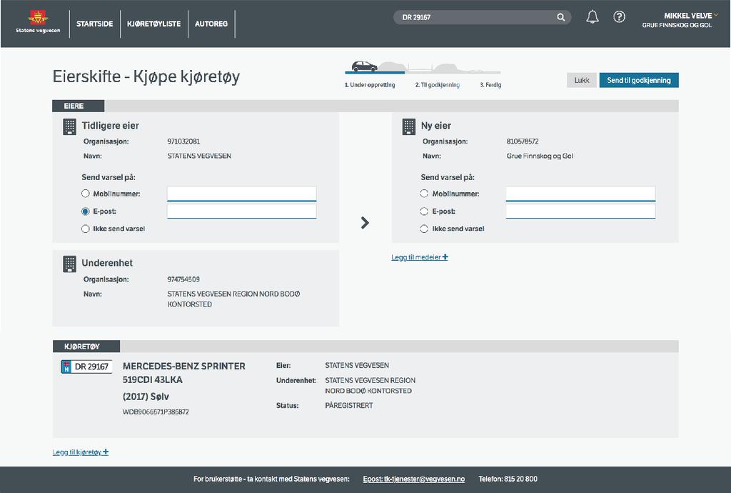 Eierskiftebildet vises og informasjon om tidligere eier (selger) og ny eier (kjøper) er allerede utfylt.