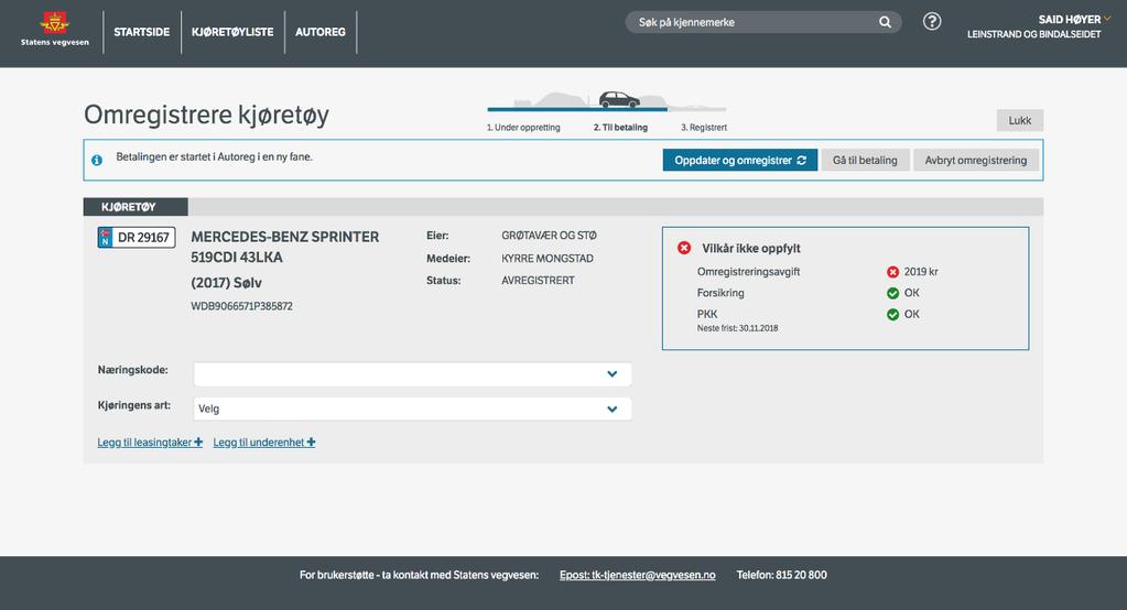 Når du har gjennomført betalingen i Autoreg, kan du lukke denne fanen. Deretter går du tilbake til fanen med Autosys kjøretøy Bransjeløsning, og trykker på «Oppdater og omregistrer».