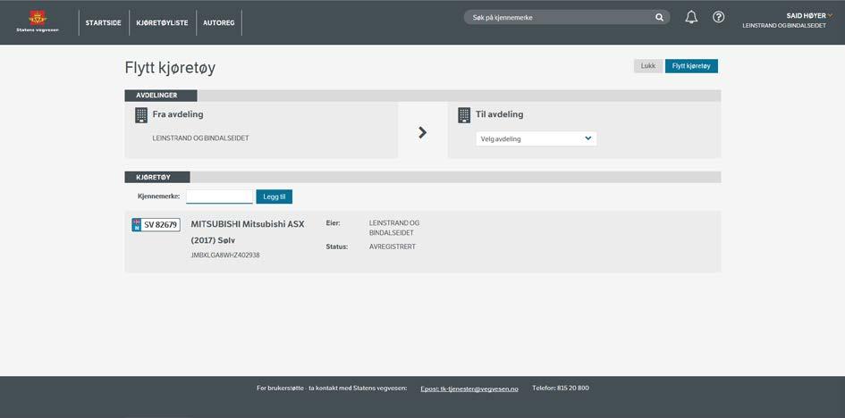8. Flytte kjøretøy I Autosys kjøretøy Bransjeløsning vil alle kjøp og salg av kjøretøy knyttes til innlogget forhandler med et 18 siffer langt identifikasjonsnummer.